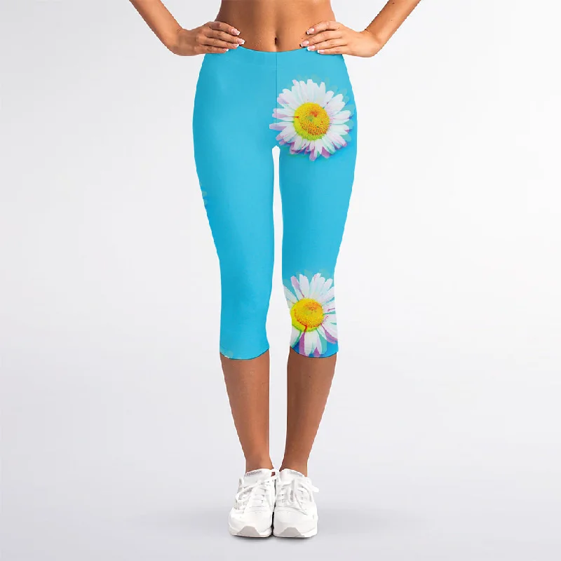 Glitch Daisy Flower Print Women's Capri Leggings Stylish Side-Stripe Leggings