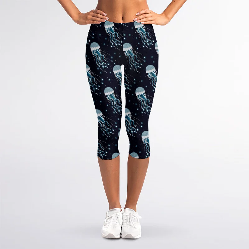 Glowing Jellyfish Pattern Print Women's Capri Leggings Cozy Mid-Rise Workout Leggings Glowing Jellyfish Pattern Print Women's Capri Leggings Cozy Mid-Rise Workout Leggings