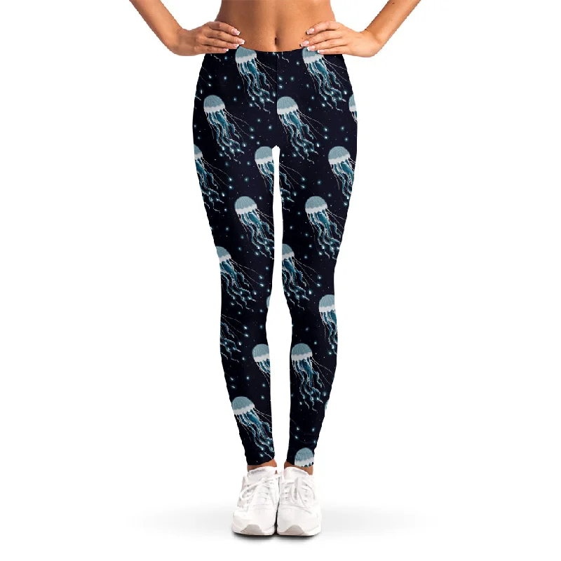 Glowing Jellyfish Pattern Print Women's Leggings Comfortable Ribbed Sports Leggings