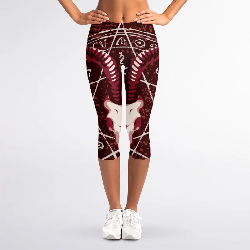 Goat Skull Pentagram Print Women's Capri Leggings Fashionable Minimal Active Leggings