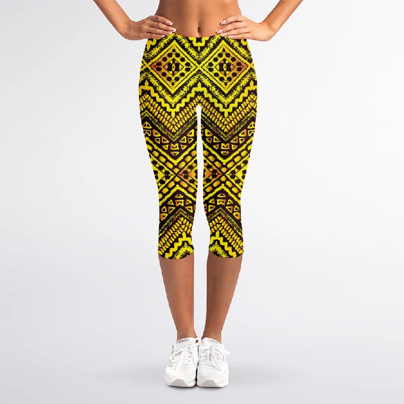 Gold African Ethnic Tribal Pattern Print Women's Capri Leggings Fashionable Fitted Workout Leggings Gold African Ethnic Tribal Pattern Print Women's Capri Leggings Fashionable Fitted Workout Leggings