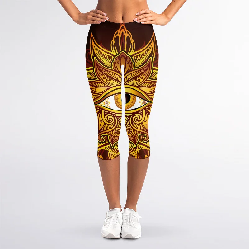 Gold All Seeing Eye Print Women's Capri Leggings Stylish Compression Fit Leggings