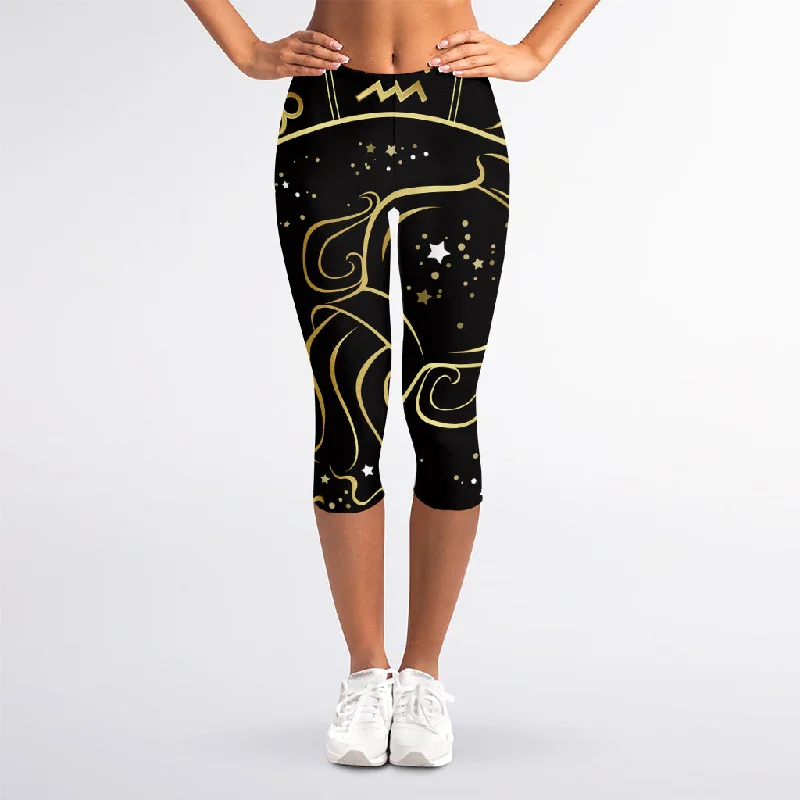 Gold And Black Aquarius Sign Print Women's Capri Leggings Trendy Leather-Look Workout Leggings Gold And Black Aquarius Sign Print Women's Capri Leggings Trendy Leather-Look Workout Leggings