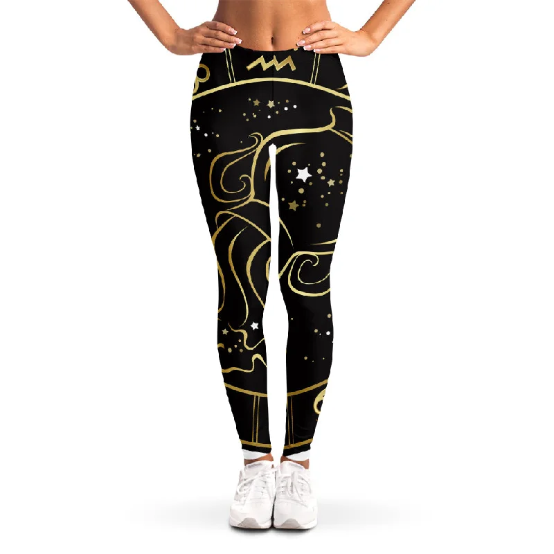 Gold And Black Aquarius Sign Print Women's Leggings Trendy Cut-Out Activewear Leggings Gold And Black Aquarius Sign Print Women's Leggings Trendy Cut-Out Activewear Leggings