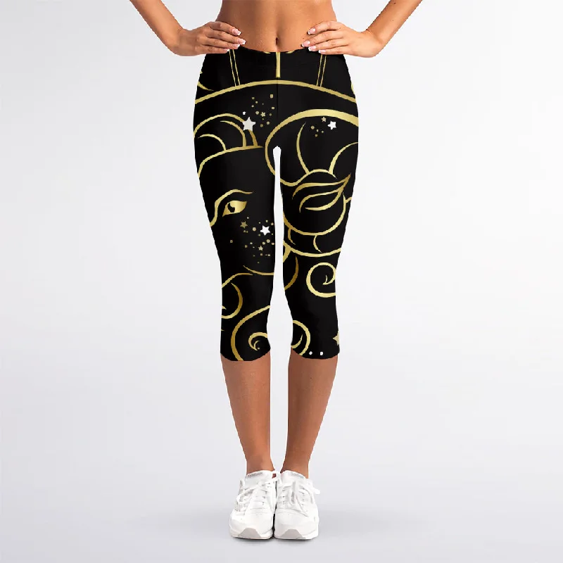 Gold And Black Aries Sign Print Women's Capri Leggings Elegant Printed Leggings with Pockets Gold And Black Aries Sign Print Women's Capri Leggings Elegant Printed Leggings with Pockets