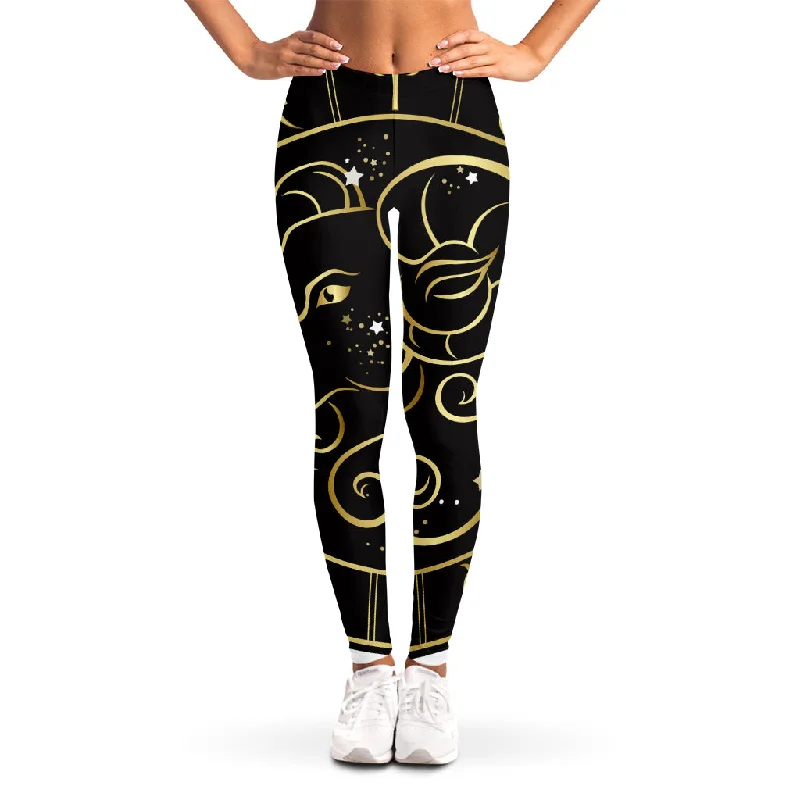 Gold And Black Aries Sign Print Women's Leggings Fashionable Minimal Active Leggings Gold And Black Aries Sign Print Women's Leggings Fashionable Minimal Active Leggings