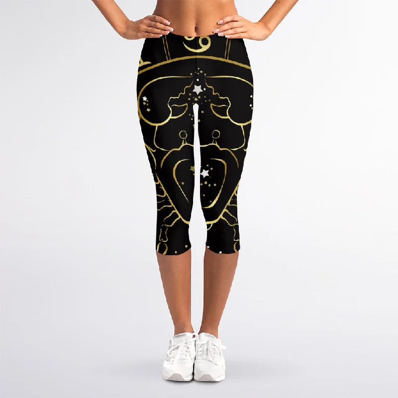 Gold And Black Cancer Sign Print Women's Capri Leggings Fashionable Stretchy Fit Leggings Gold And Black Cancer Sign Print Women's Capri Leggings Fashionable Stretchy Fit Leggings