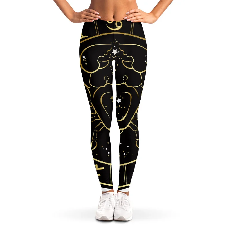 Gold And Black Cancer Sign Print Women's Leggings Trendy Colorblock Print Leggings