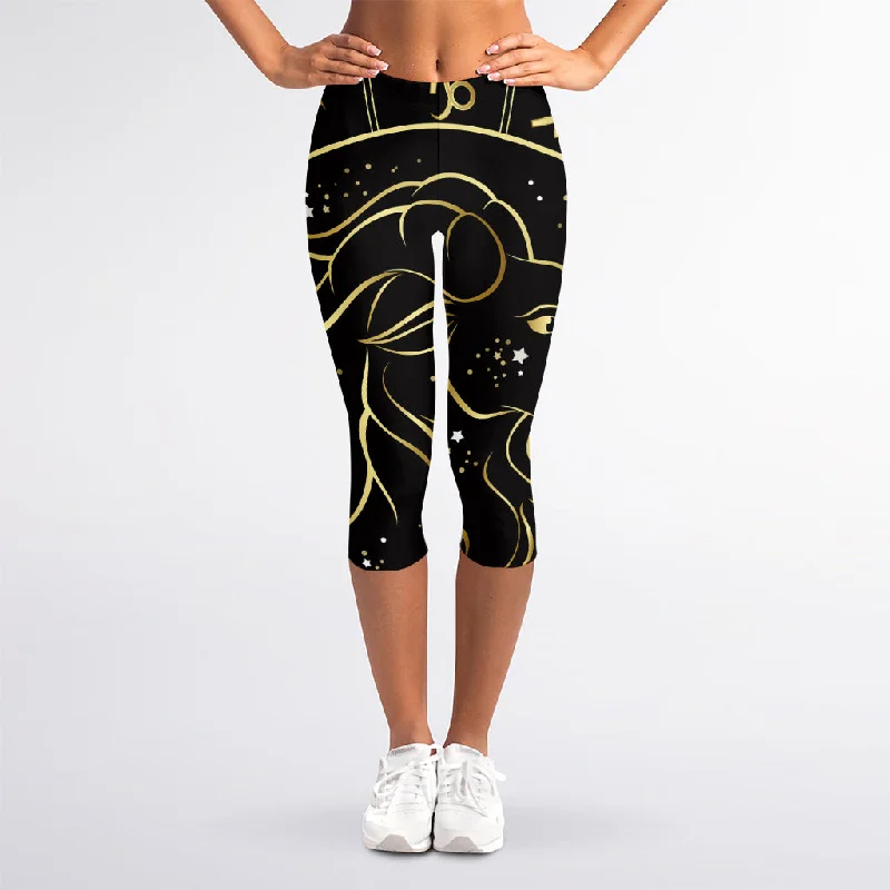 Gold And Black Capricorn Sign Print Women's Capri Leggings Elegant Sheer Leggings