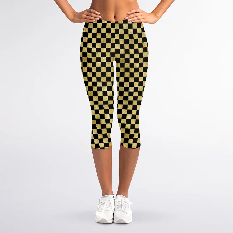 Gold And Black Checkered Pattern Print Women's Capri Leggings Trendy Seamless Sports Leggings Gold And Black Checkered Pattern Print Women's Capri Leggings Trendy Seamless Sports Leggings