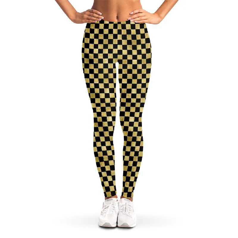 Gold And Black Checkered Pattern Print Women's Leggings Comfortable Slip-On Compression Leggings Gold And Black Checkered Pattern Print Women's Leggings Comfortable Slip-On Compression Leggings