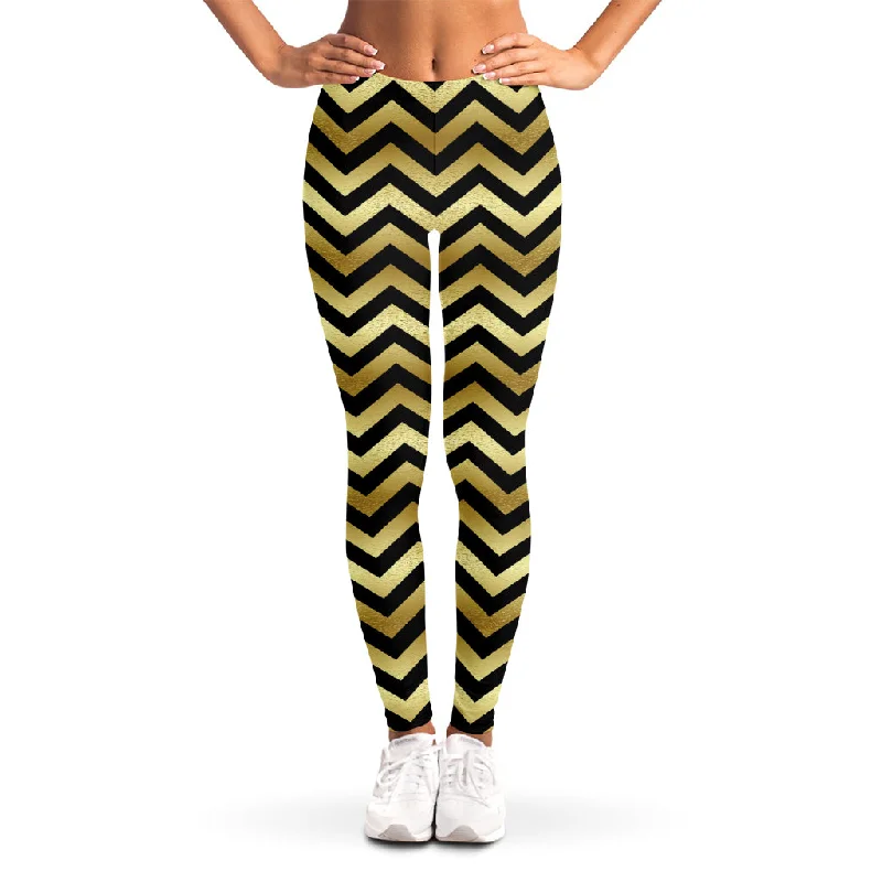 Gold And Black Chevron Pattern Print Women's Leggings Trendy Leather-Look Workout Leggings Gold And Black Chevron Pattern Print Women's Leggings Trendy Leather-Look Workout Leggings