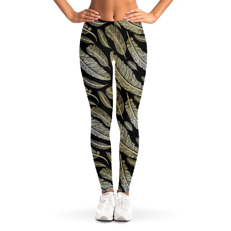 Gold And Black Feather Pattern Print Women's Leggings Elegant Printed Leggings with Pockets Gold And Black Feather Pattern Print Women's Leggings Elegant Printed Leggings with Pockets