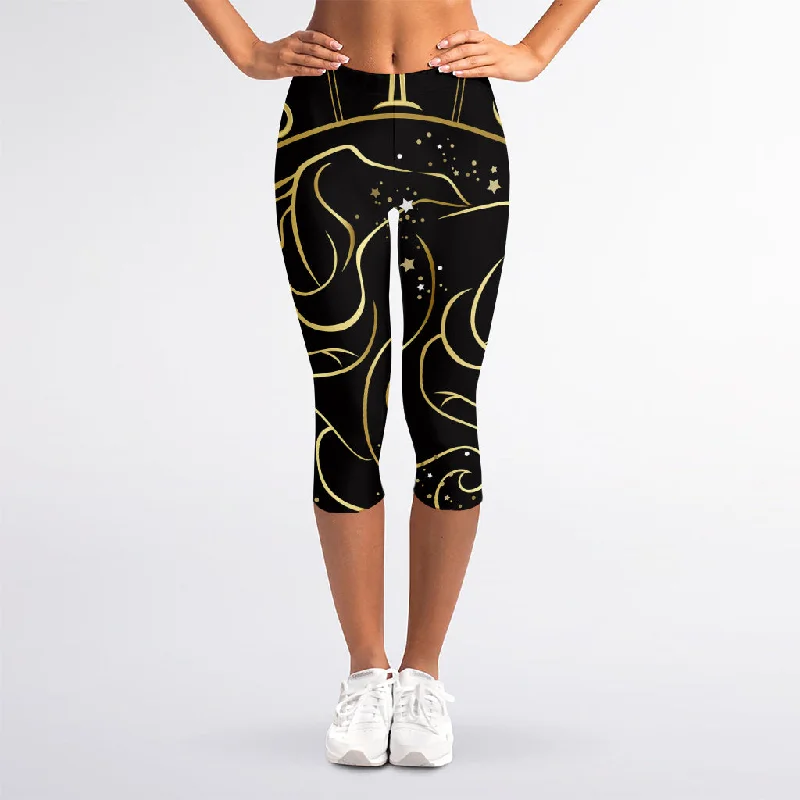 Gold And Black Gemini Sign Print Women's Capri Leggings Fashionable Ribbed Knit Leggings Gold And Black Gemini Sign Print Women's Capri Leggings Fashionable Ribbed Knit Leggings