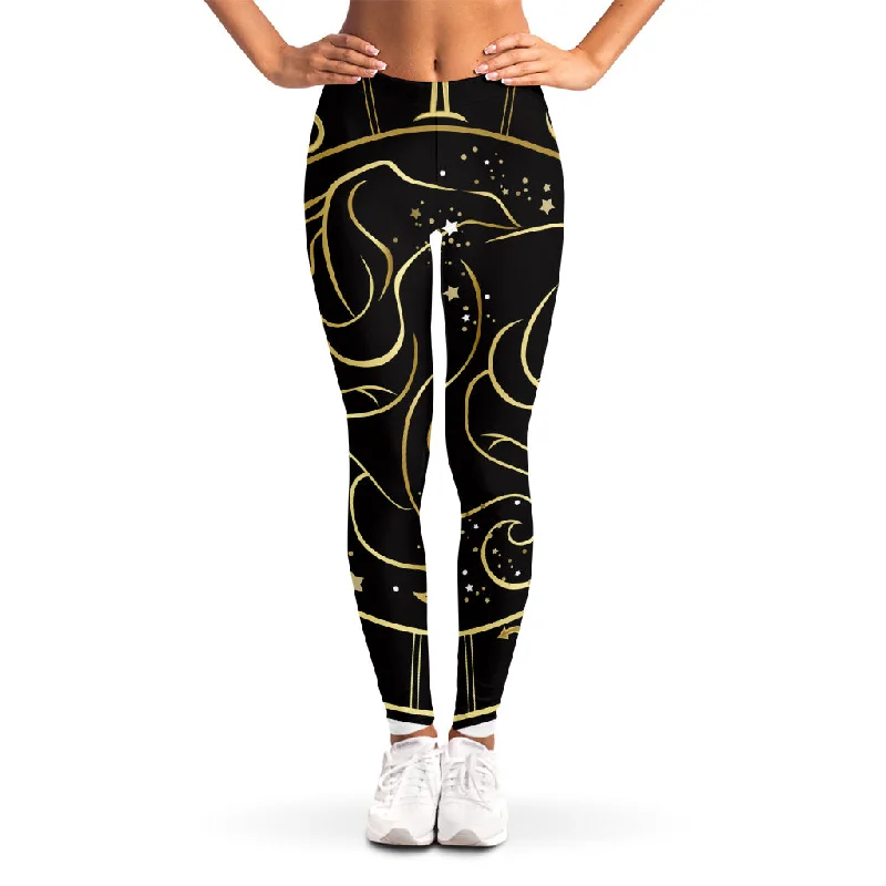 Gold And Black Gemini Sign Print Women's Leggings Fashionable Embroidered Detail Leggings Gold And Black Gemini Sign Print Women's Leggings Fashionable Embroidered Detail Leggings