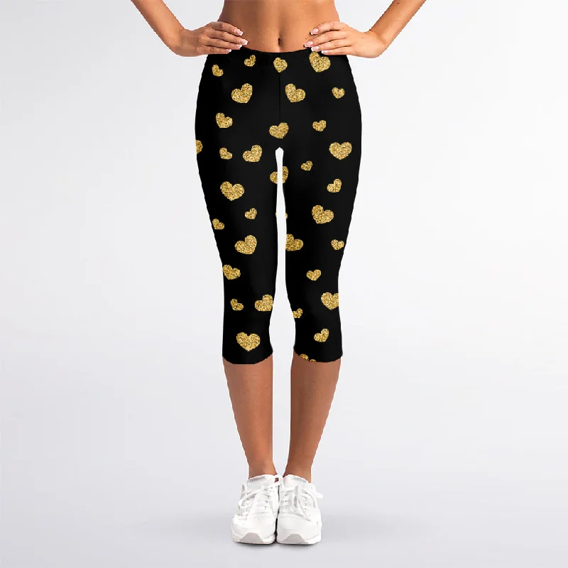 Gold And Black Heart Pattern Print Women's Capri Leggings Stylish Sporty Performance Leggings Gold And Black Heart Pattern Print Women's Capri Leggings Stylish Sporty Performance Leggings
