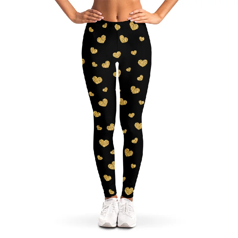 Gold And Black Heart Pattern Print Women's Leggings Trendy Minimalist Leggings