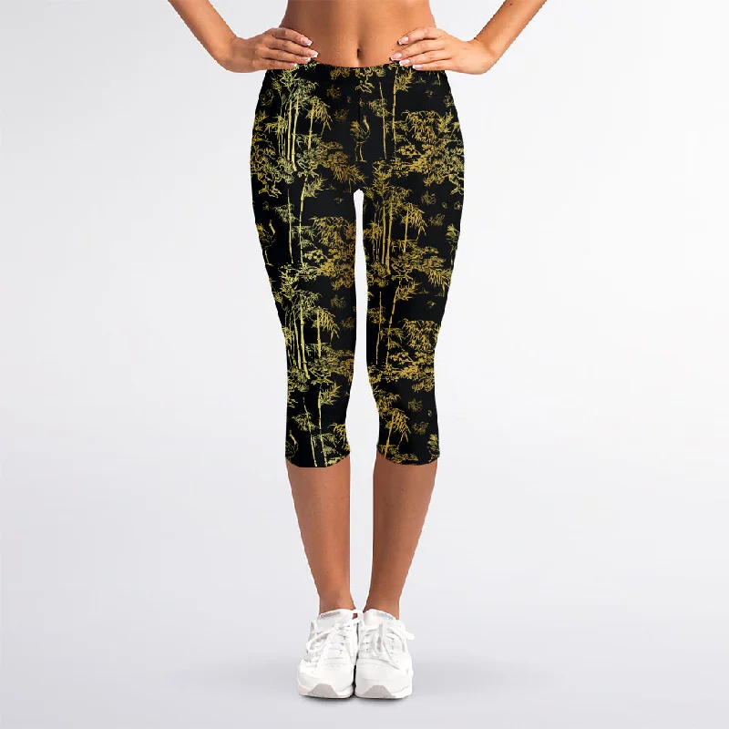 Gold And Black Japanese Bamboo Print Women's Capri Leggings Comfortable Leggings with Pockets Gold And Black Japanese Bamboo Print Women's Capri Leggings Comfortable Leggings with Pockets