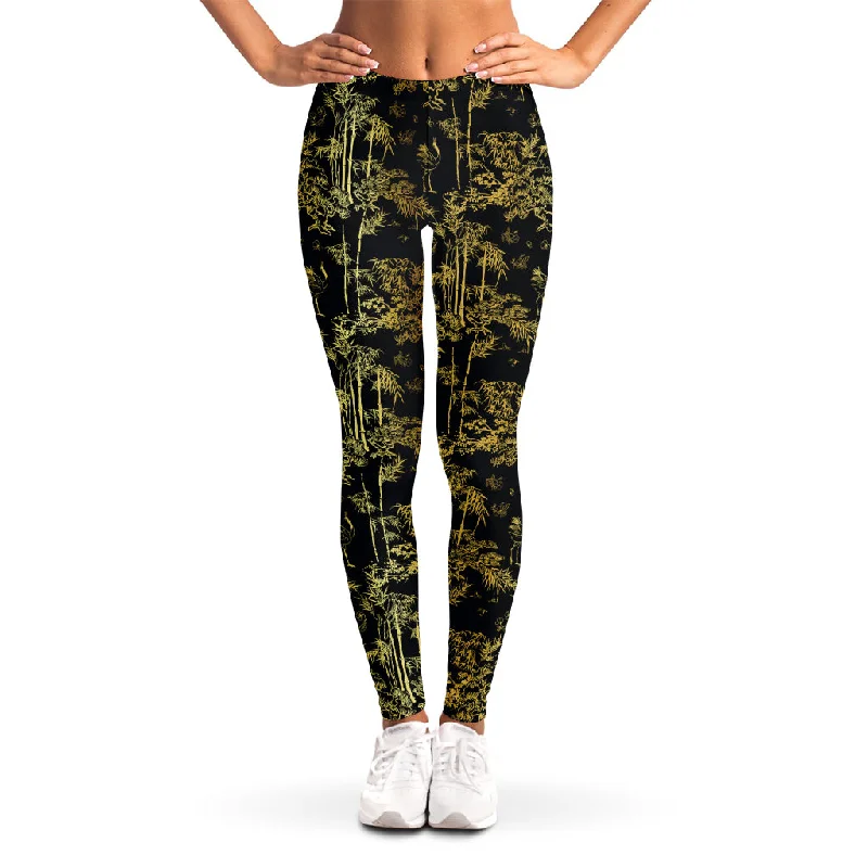 Gold And Black Japanese Bamboo Print Women's Leggings Stylish Capri Leggings