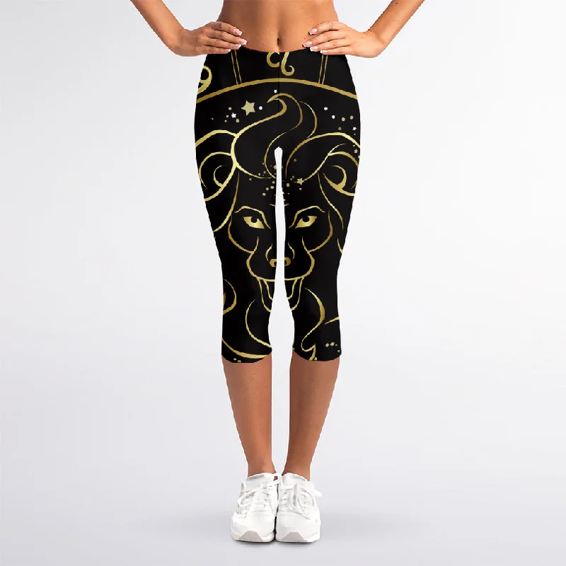 Gold And Black Leo Sign Print Women's Capri Leggings Trendy Faux Suede Leggings