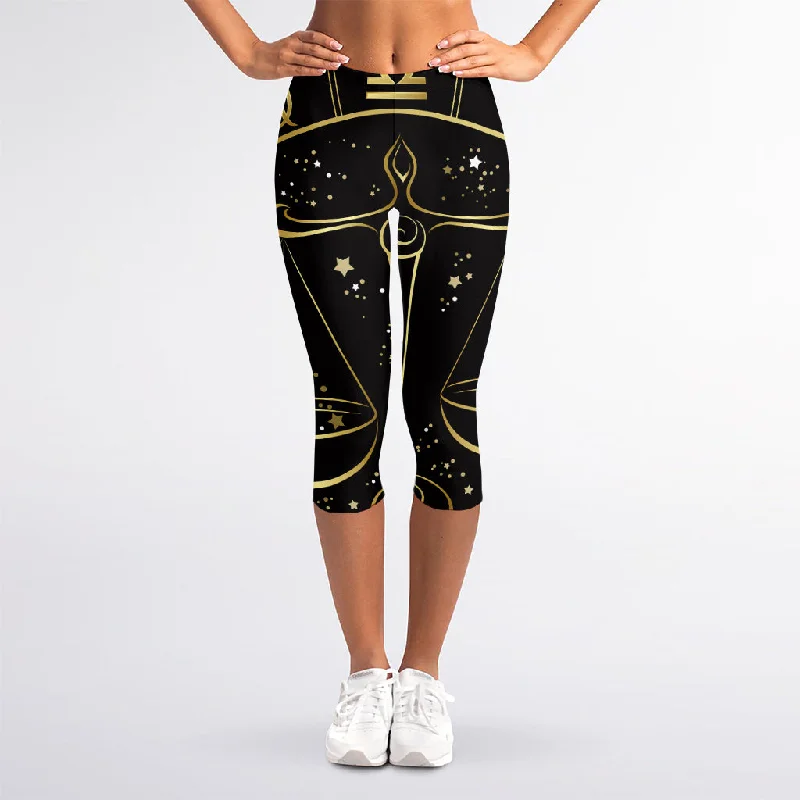 Gold And Black Libra Sign Print Women's Capri Leggings Fashionable Solid Color Tights Gold And Black Libra Sign Print Women's Capri Leggings Fashionable Solid Color Tights