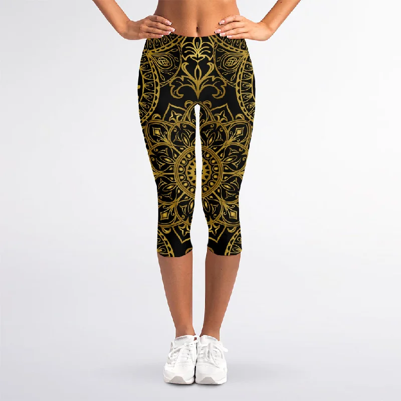 Gold And Black Mandala Print Women's Capri Leggings Stylish Stretch Print Leggings