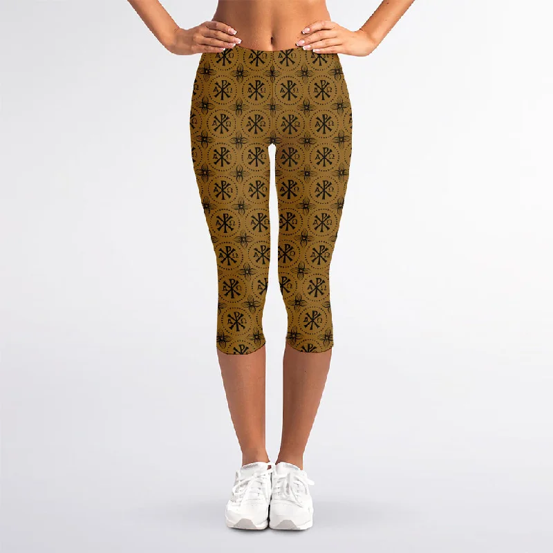 Gold And Black Orthodox Pattern Print Women's Capri Leggings Elegant Textured Leggings Gold And Black Orthodox Pattern Print Women's Capri Leggings Elegant Textured Leggings