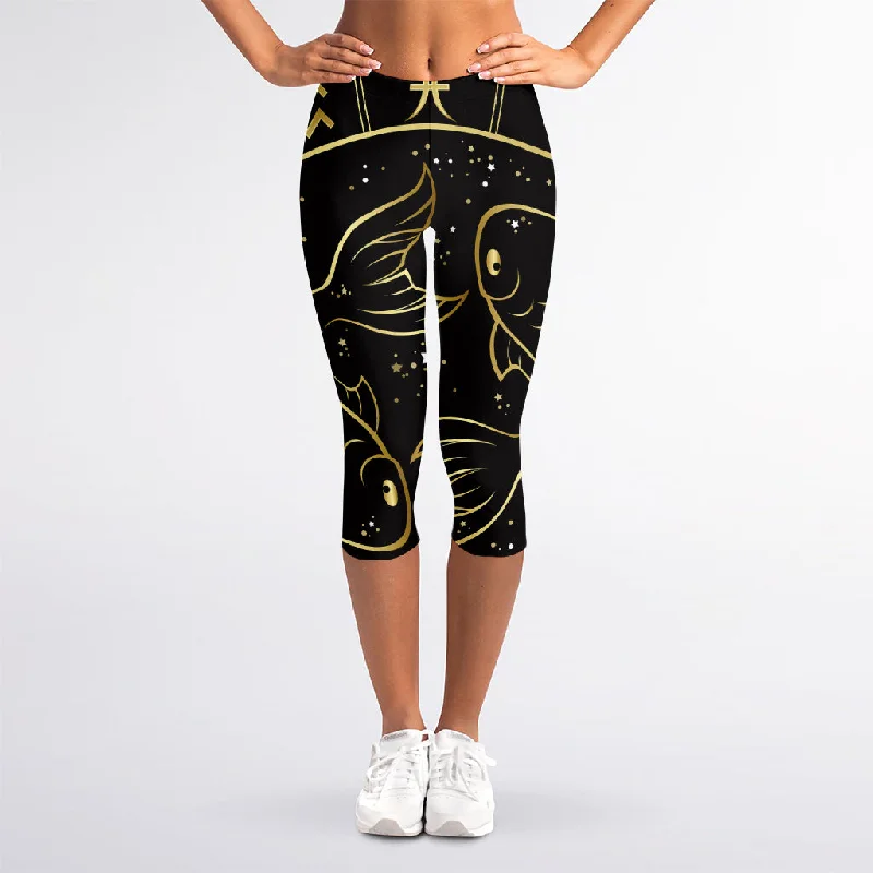 Gold And Black Pisces Sign Print Women's Capri Leggings Trendy Cold Weather Tights