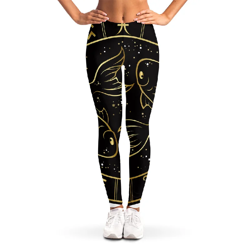Gold And Black Pisces Sign Print Women's Leggings Elegant Sheer Leggings