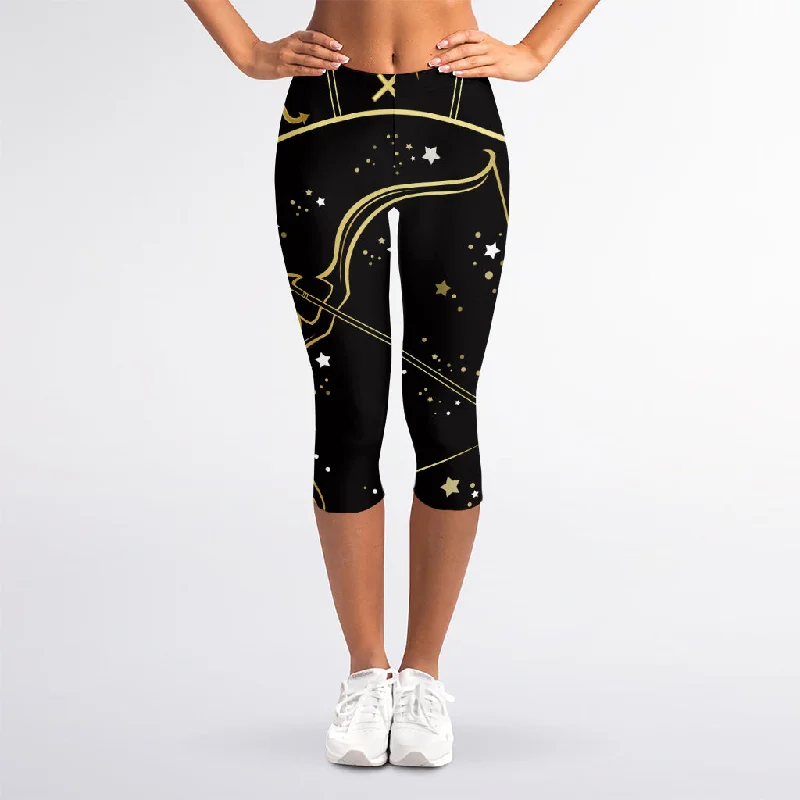 Gold And Black Sagittarius Sign Print Women's Capri Leggings Elegant Animal Print Leggings Gold And Black Sagittarius Sign Print Women's Capri Leggings Elegant Animal Print Leggings