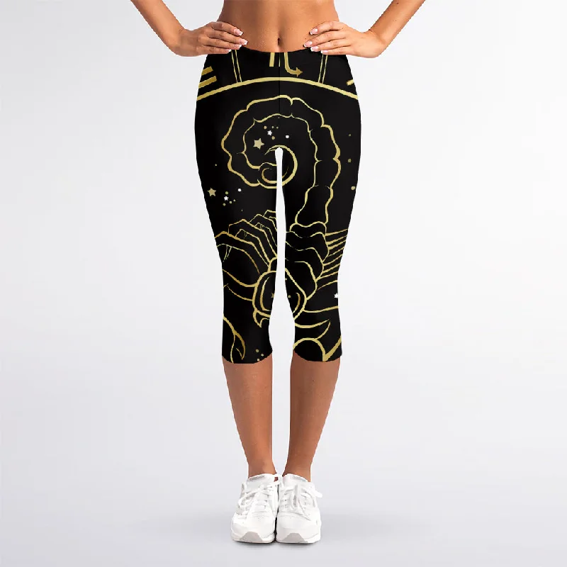 Gold And Black Scorpio Sign Print Women's Capri Leggings Stylish Everyday Leggings