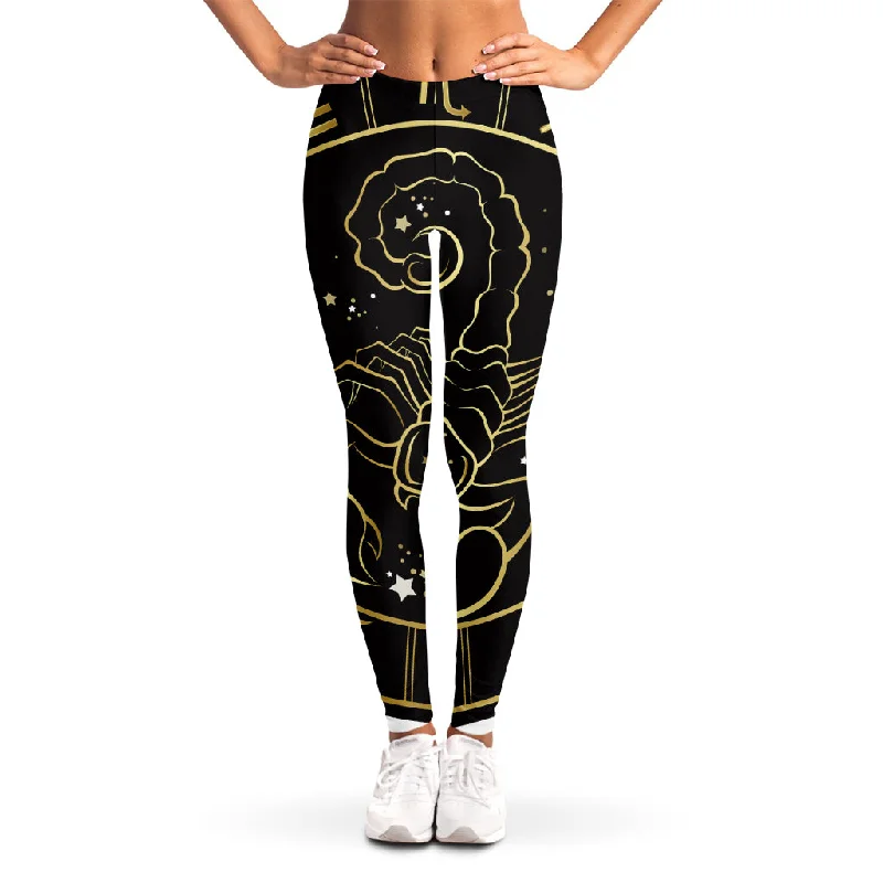 Gold And Black Scorpio Sign Print Women's Leggings Trendy Faux Suede Leggings