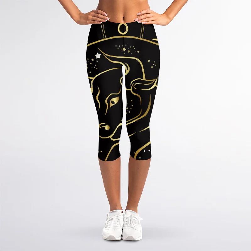 Gold And Black Taurus Sign Print Women's Capri Leggings Comfortable Tummy Shaping Leggings Gold And Black Taurus Sign Print Women's Capri Leggings Comfortable Tummy Shaping Leggings