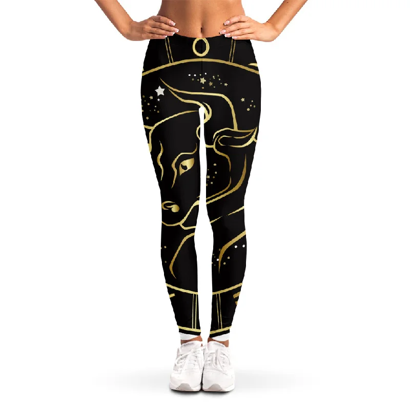 Gold And Black Taurus Sign Print Women's Leggings Elegant Textured Leggings