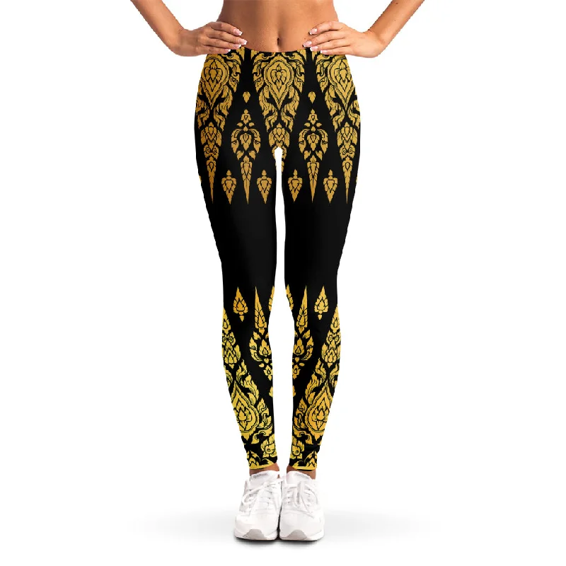 Gold And Black Thai Pattern Print Women's Leggings Trendy Sporty Compression Leggings Gold And Black Thai Pattern Print Women's Leggings Trendy Sporty Compression Leggings