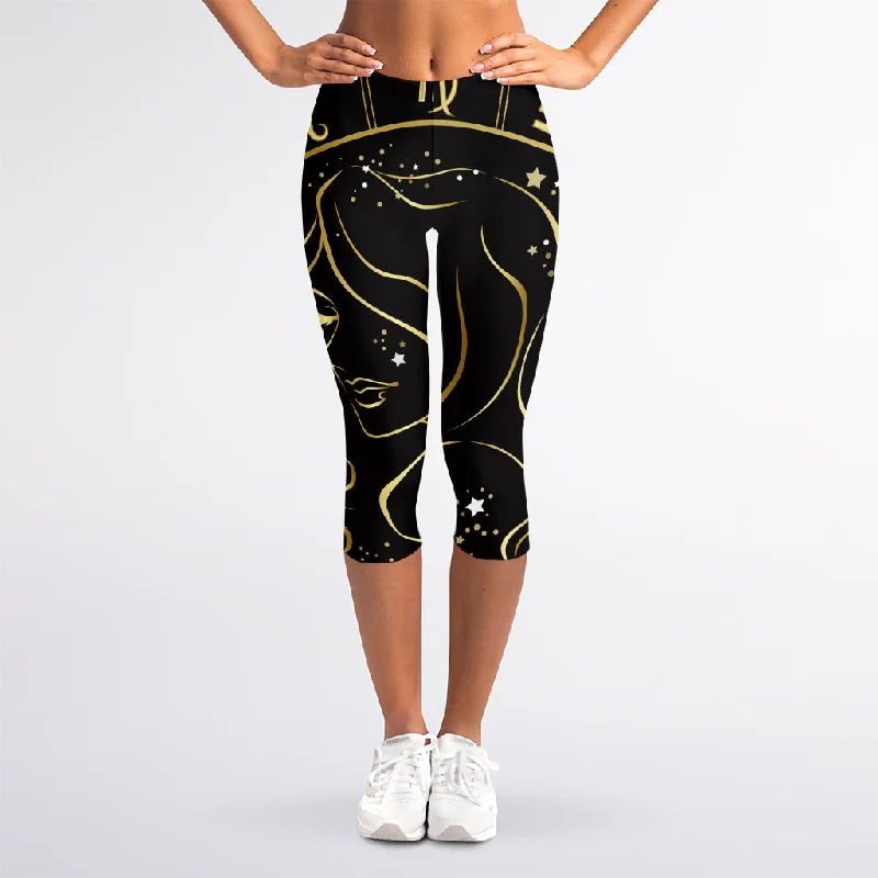 Gold And Black Virgo Sign Print Women's Capri Leggings Fashionable High-Rise Workout Leggings