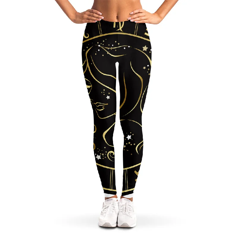 Gold And Black Virgo Sign Print Women's Leggings Trendy Fitness Leggings