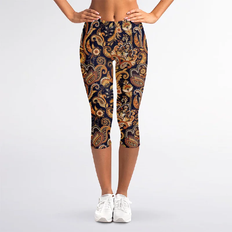 Gold And Blue Paisley Pattern Print Women's Capri Leggings Comfortable Zip-Up Leggings