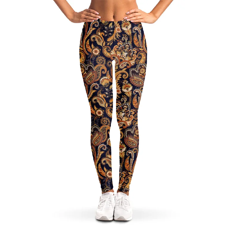Gold And Blue Paisley Pattern Print Women's Leggings Stylish Everyday Leggings