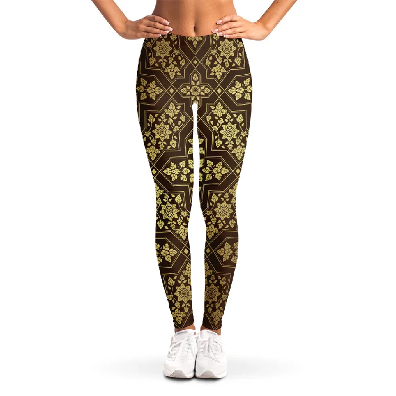 Gold And Brown Thai Pattern Print Women's Leggings Cozy Lounge Pants Leggings