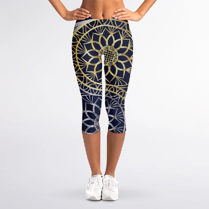 Gold And Grey Yin Yang Flower Print Women's Capri Leggings Trendy Digital Print Leggings Gold And Grey Yin Yang Flower Print Women's Capri Leggings Trendy Digital Print Leggings