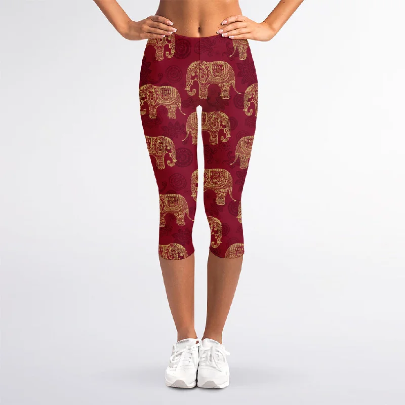 Gold And Red Boho Elephant Print Women's Capri Leggings Stylish Sweat-Proof Leggings Gold And Red Boho Elephant Print Women's Capri Leggings Stylish Sweat-Proof Leggings