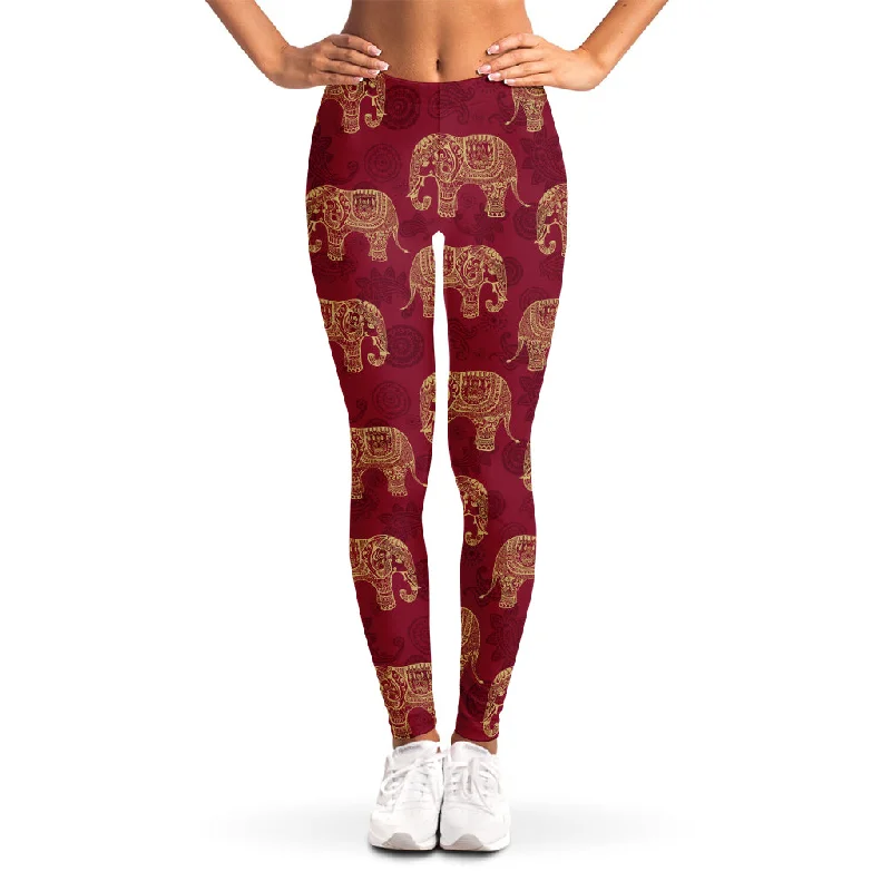 Gold And Red Boho Elephant Print Women's Leggings Fashionable High-Rise Workout Leggings Gold And Red Boho Elephant Print Women's Leggings Fashionable High-Rise Workout Leggings