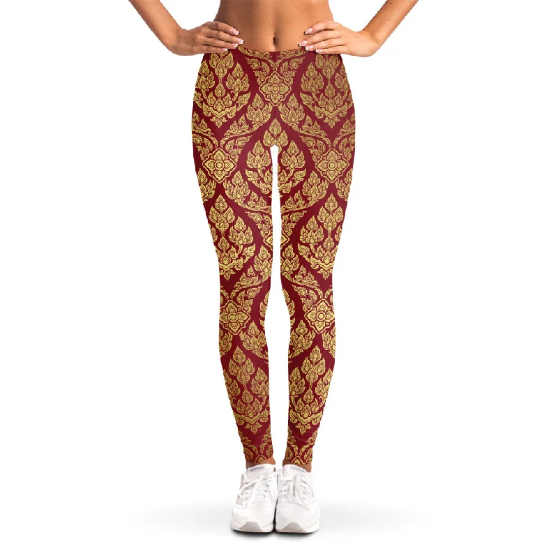 Gold And Red Thai Pattern Print Women's Leggings Trendy Black Mesh Leggings