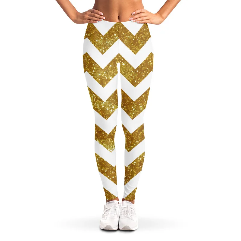 Gold And White Chevron Pattern Print Women's Leggings Stylish Sweat-Proof Leggings