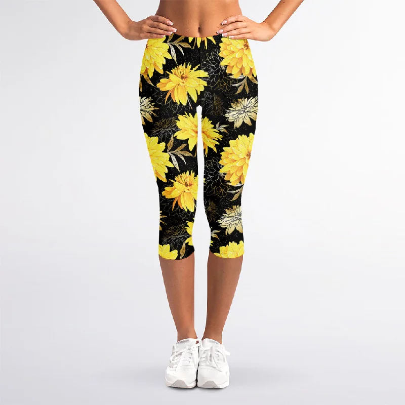 Gold And Yellow Floral Print Women's Capri Leggings Chic Smooth Fit Leggings
