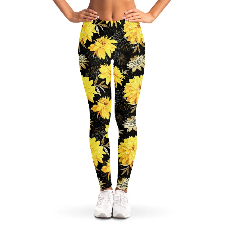 Gold And Yellow Floral Print Women's Leggings Chic Smooth Fit Leggings