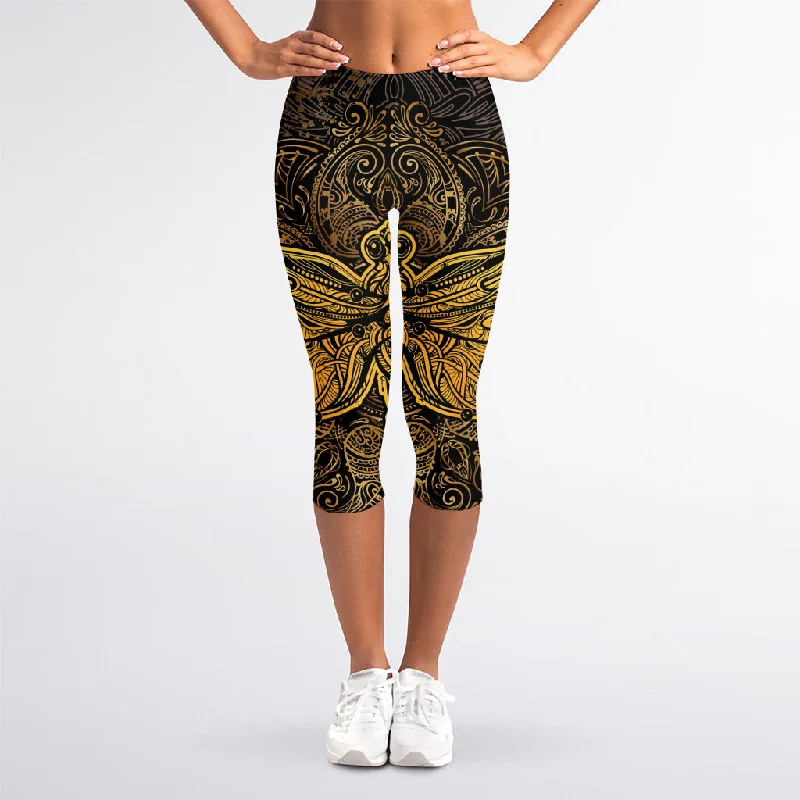 Gold Boho Dragonfly Print Women's Capri Leggings Fashionable Smooth Fit Leggings