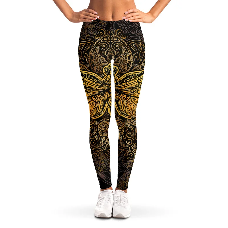 Gold Boho Dragonfly Print Women's Leggings Cozy Workout Performance Leggings