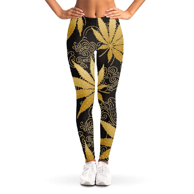 Gold Cannabis Leaf Pattern Print Women's Leggings Chic Printed Yoga Pants